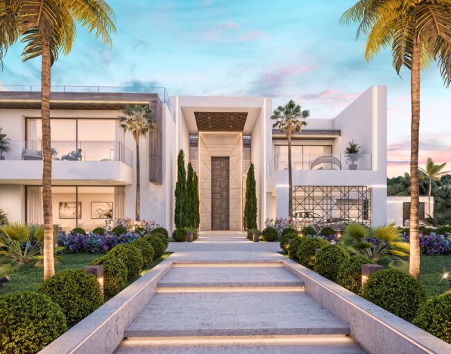 Mediterranean luxury villa interior design Dubai showing travertine stone work, infinity pool views, and custom nautical-inspired furniture pieces