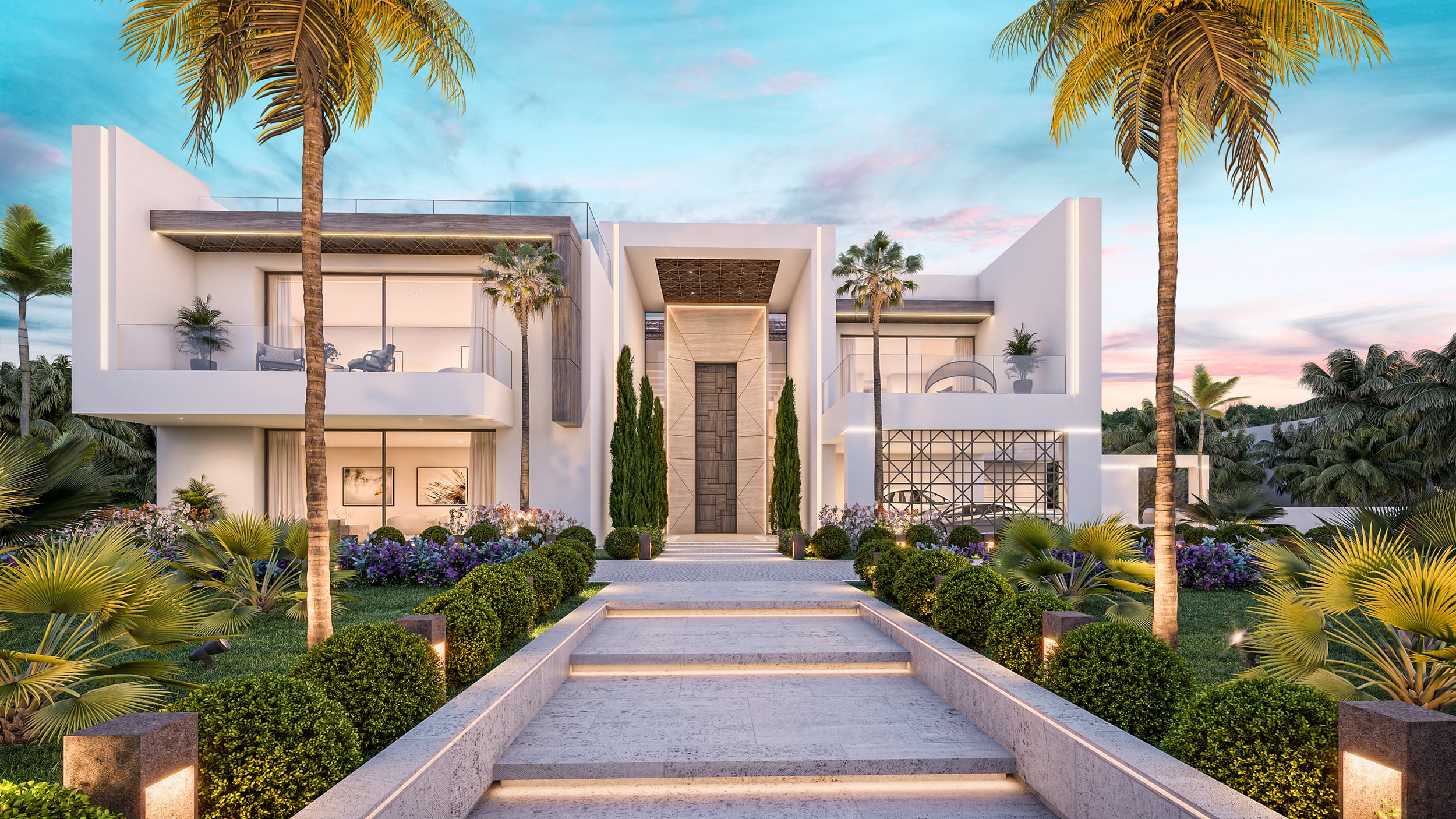 Mediterranean luxury villa interior design Dubai showing travertine stone work, infinity pool views, and custom nautical-inspired furniture pieces