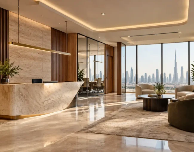 Modern office interior fit-out in Dubai with luxury reception desk and contemporary design