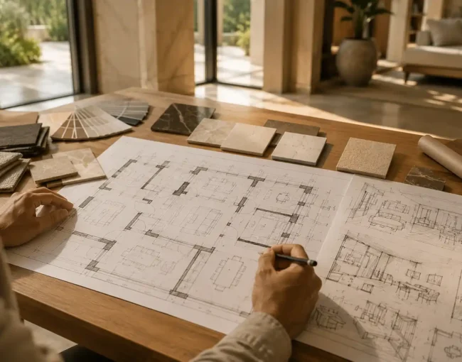 villa interior design around architecture