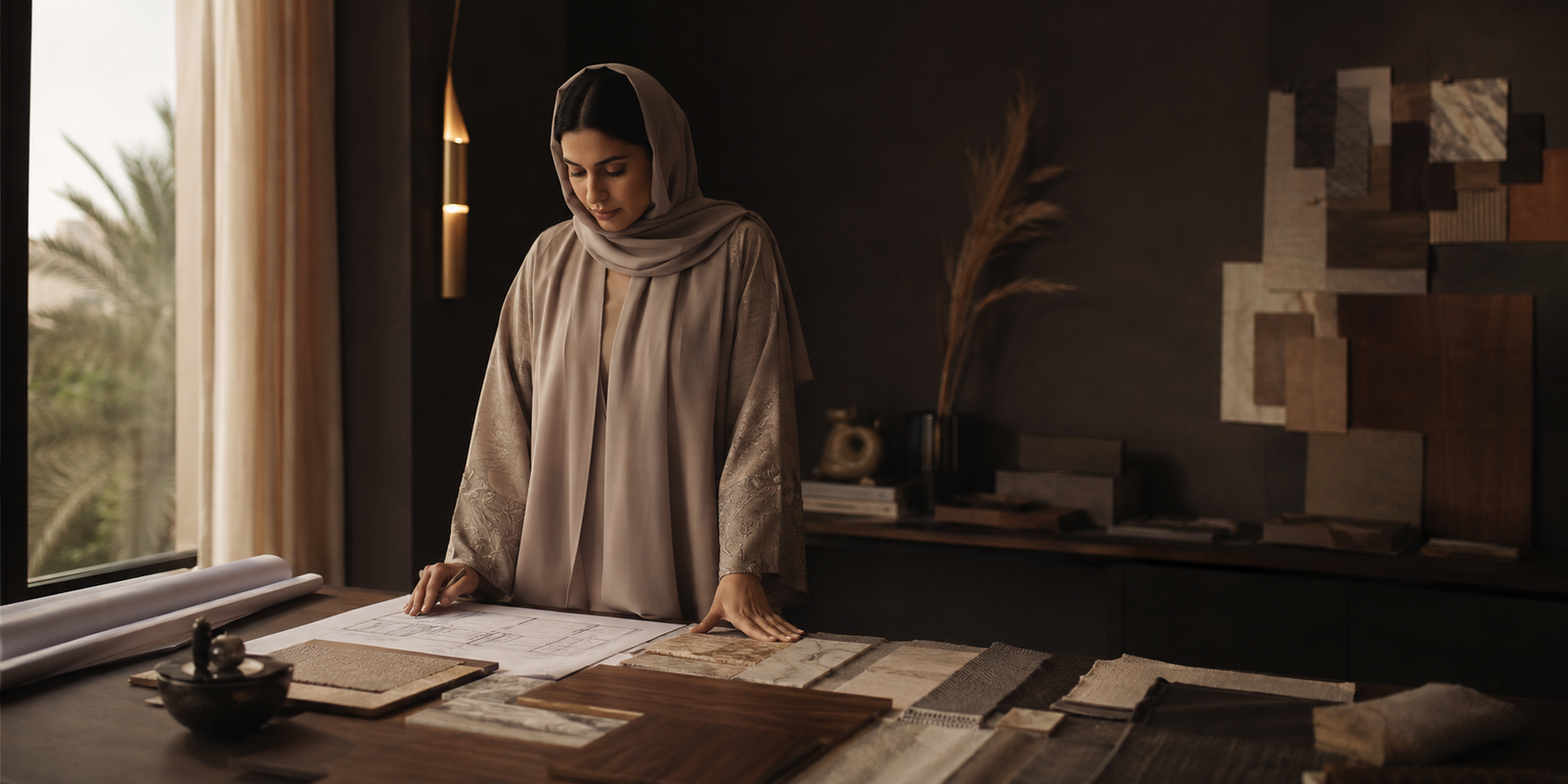 Interior designer reviewing plans and material samples