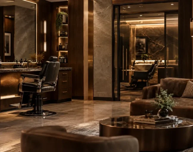 barbershop interior design layout and lighting Dubai