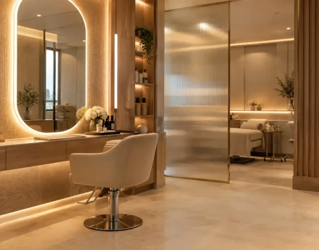 beauty salon interior design layout and lighting Dubai
