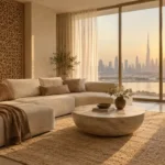 Interior design in Dubai: warm minimalist living room with skyline view and soft afternoon light