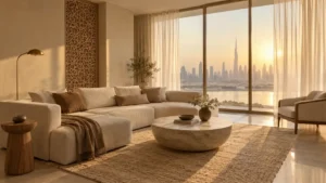 Interior design in Dubai: warm minimalist living room with skyline view and soft afternoon light