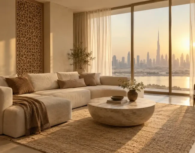 Interior design in Dubai: warm minimalist living room with skyline view and soft afternoon light